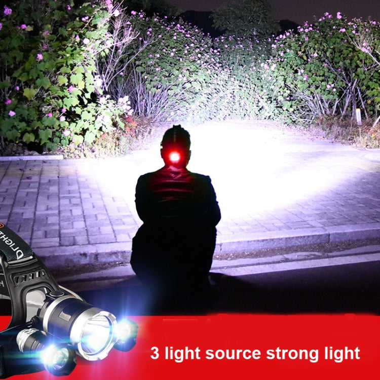 Strong Light Long-Range Rechargeable Three-Head Lamp Outdoor Fishing Lamp Led Head-Mounted Flashlight (2 Batteries+EU Plug)