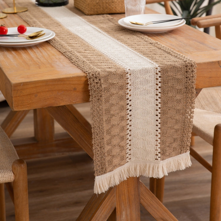 Cotton and Linen Woven Colorblock Tassel Striped Rhombus Table Runner