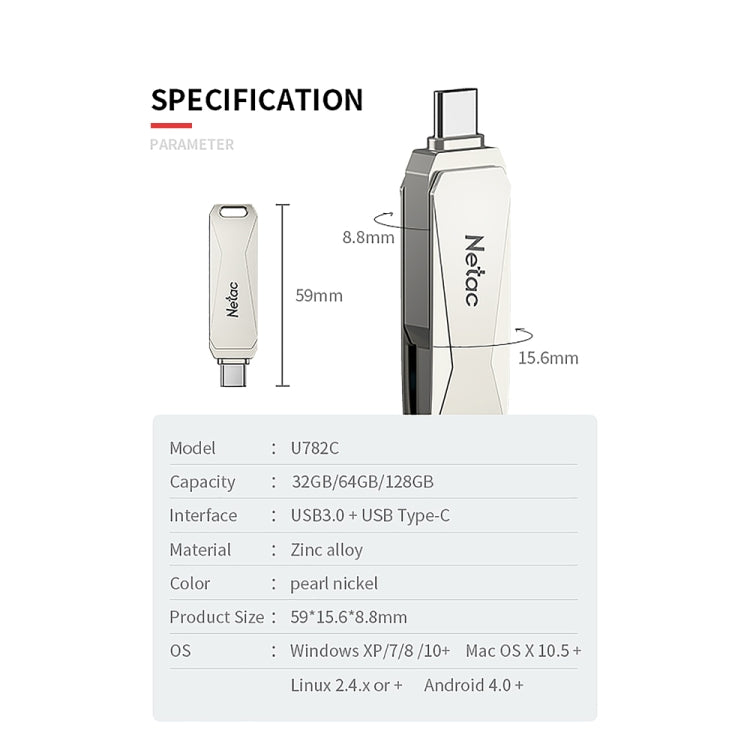Netac U782C Type-C Dual Interface High-Speed Metal Computer USB Flash Drive, 32GB, 64GB, 128GB
