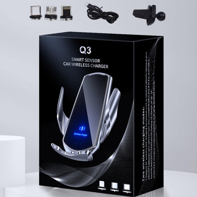 Q3 Infrared Induction Magnetic Car Wireless Charging Phone Bracket with Micro USB + 8 Pin + Type-C / USB-C Magnetic Connector