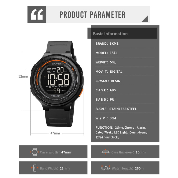 SKMEI 1841 Outdoor Sports Students Waterproof Luminous Countdown Watch, 1841 Light Grey, 1841 Black