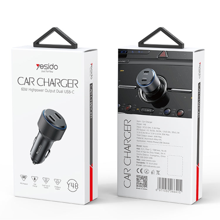 Yesido Y48 60W Car Fast Charger Aluminum Aluminum Double Type-C/USB-C Port Car Charger