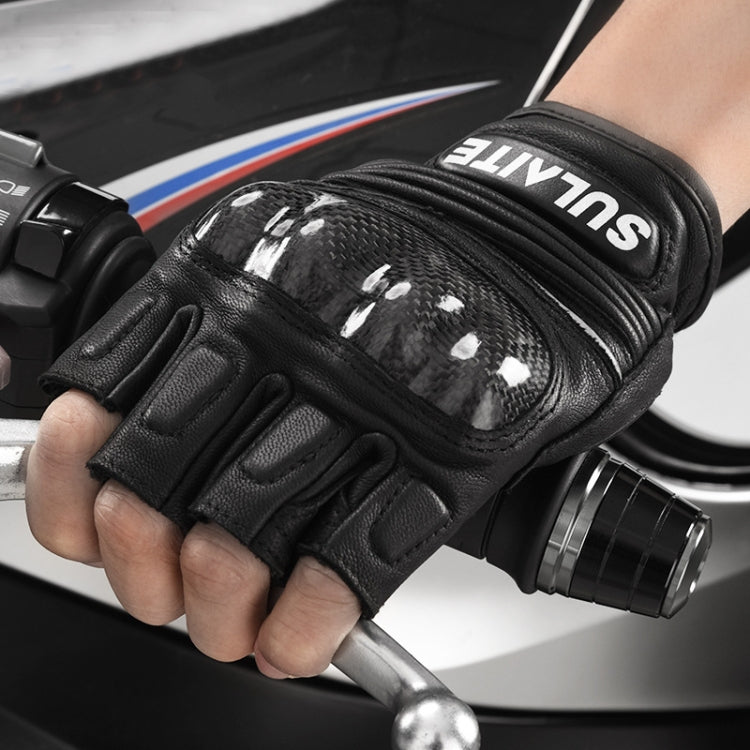 SULAITE Motorcycle Sheepskin Carbon Fiber Breathable Half-finger Riding Gloves, M, L