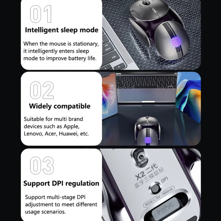 Inphic X2 Bluetooth Wireless Mouse Tri-Mode Silent Rechargeable Office Gaming Laptop Mouse