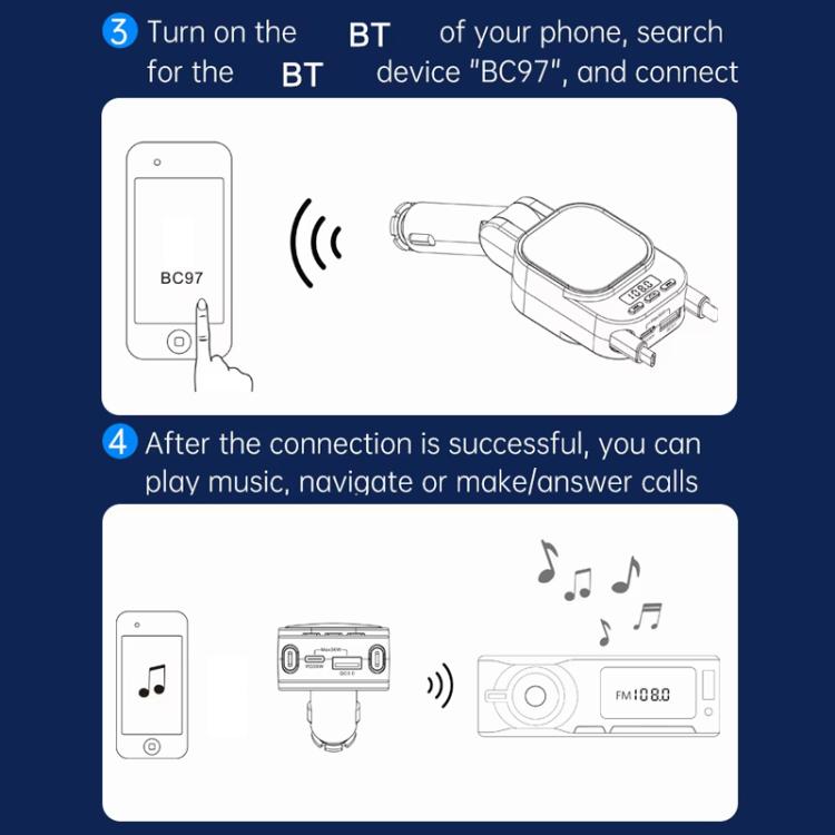 Dual Retractable Cable Car Charger Automobile Bluetooth MP3 Player