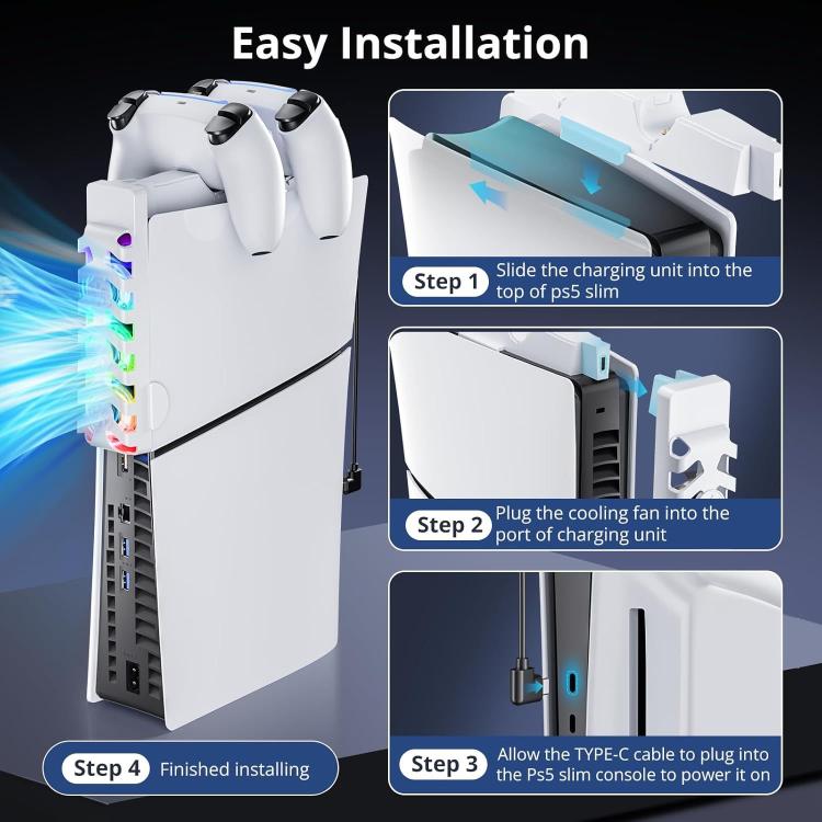 For PS5 Slim Controller 2-in-1 Charging Station Cooling Fan With RGB Lighting