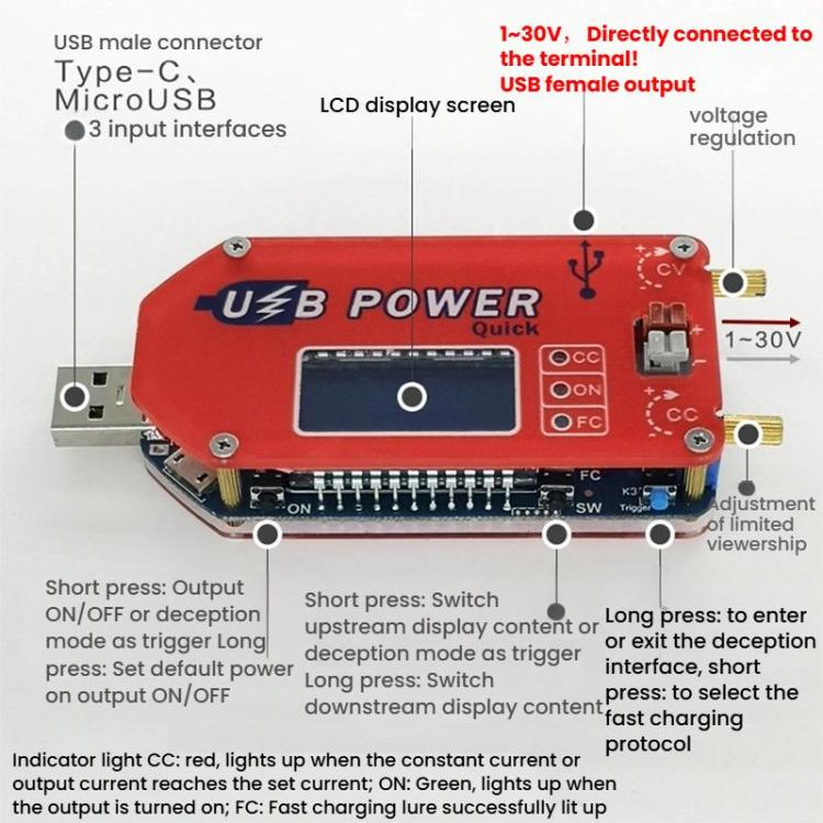 USB 15W Adjustable Power Supply Module LCD Display Mobile Boost Cable