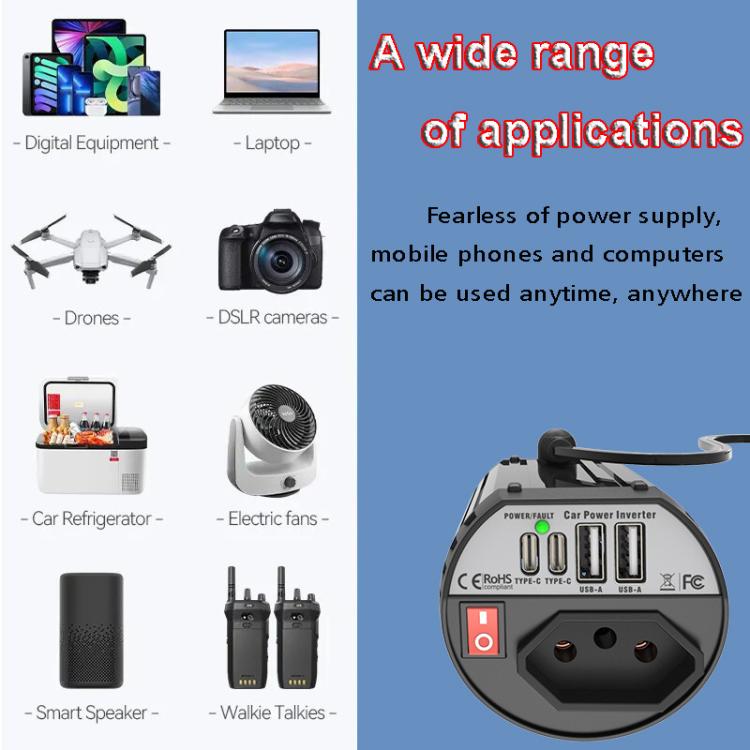 Gurxun 200W Modified Wave Intelligent Car Inverter Dual USB + Dual Type-C Port Car Power Converter