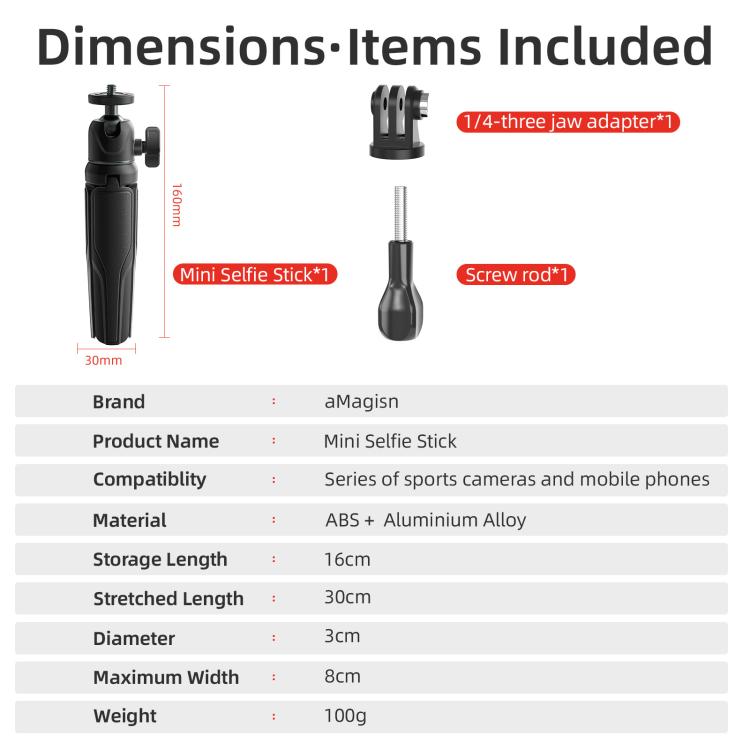 aMagisn Mini Tripod Selfie Stick with 360-degree Ball Head Adjustable Phone/Camera Mount for Travel, Vlogging & Live Streaming