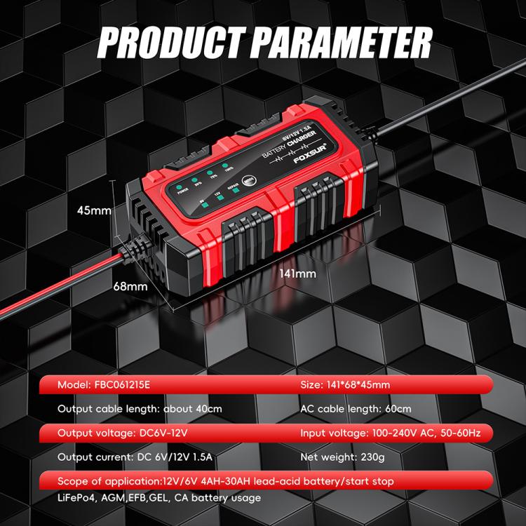 FOXSUR Smart 6V/12V 1.5A Battery Charger 4AH-30AH Lead Acid Battery Maintainer For Motorcycle/Car/ATV
