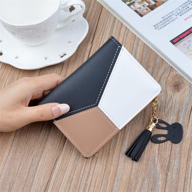 Short Leather Women Zipper Purse Panelled Wallets Trendy Coin Purse