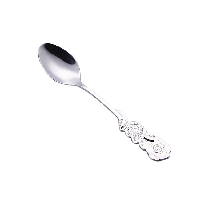 Small Mini Stainless Steel Rose Flower Coffee Spoon Strring Spoon Teaspoon Tea Spoon Dessert Spoon Long Handle Tableware