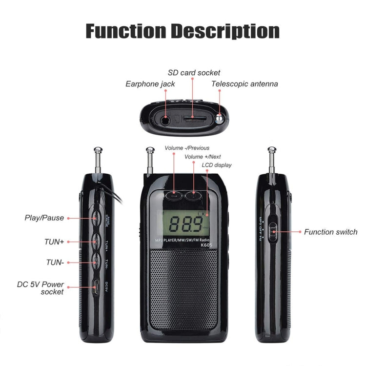 K-605 Portable FM / AM / SW Full Band Stereo Radio, Support TF Card