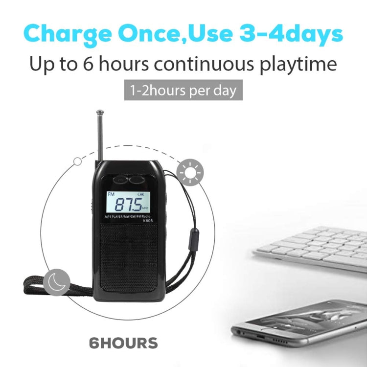 K-605 Portable FM / AM / SW Full Band Stereo Radio, Support TF Card
