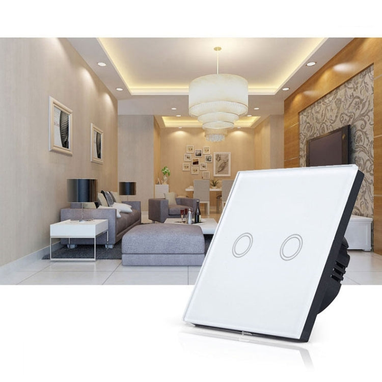 86mm 2 Gang Tempered Glass Panel Wall Switch Smart Home Light Touch Switch with RF433 Remote Controller, AC 110V-240V