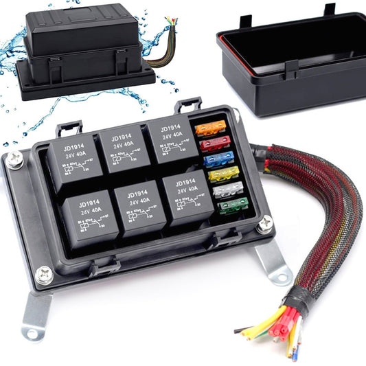 24V 5 Pin Car 6 Slots Waterproof Relay Fuse Box with Cable, 24V 5 Pin