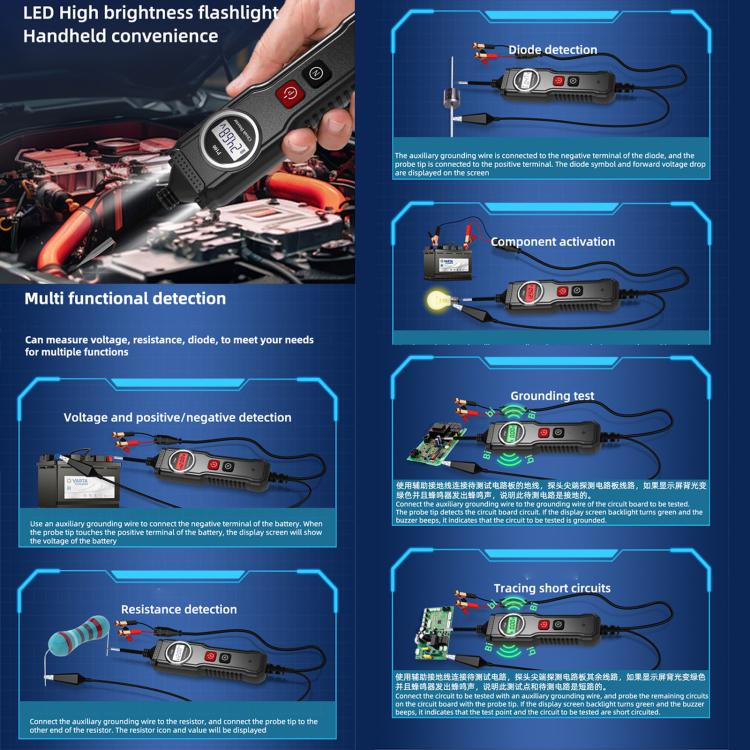P100 5V-40V Electric Circuit Tester, Two Power Supply, Cable Length: 1.53m