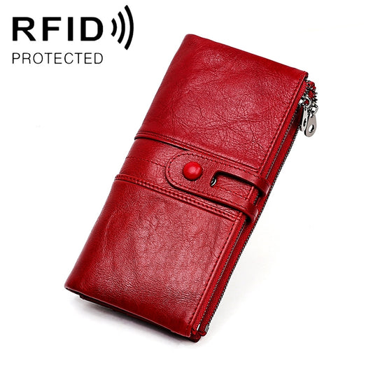 3520 Long Cowhide Leather Folding Anti-magnetic RFID Wallet for Ladies, with Card Slots, 3520 Red, 3520 Yellowish-brown, 3520 Black, 3520 Coffee, 3520 Blue