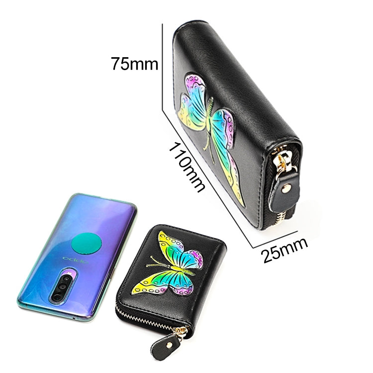 KB152 Butterfly Pattern Zipper Cowhide Leather Organ Shape Multiple Card Slots Anti-magnetic RFID Wallet for Ladies