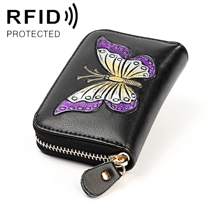 KB152 Butterfly Pattern Zipper Cowhide Leather Organ Shape Multiple Card Slots Anti-magnetic RFID Wallet for Ladies