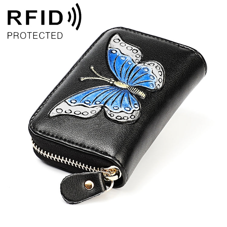 KB152 Butterfly Pattern Zipper Cowhide Leather Organ Shape Multiple Card Slots Anti-magnetic RFID Wallet for Ladies