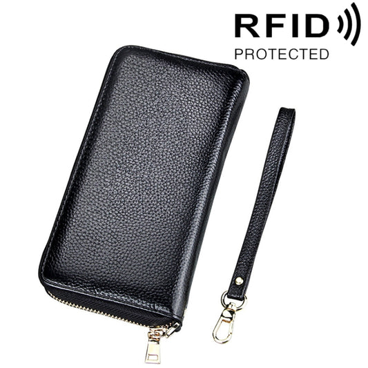 Genuine Cowhide Leather Litchi Texture Zipper Long Style Card Holder Wallet RFID Blocking Coin Purse Card Bag Protect Case with Hand Strap for Women, Size: 20*10.5*3cm