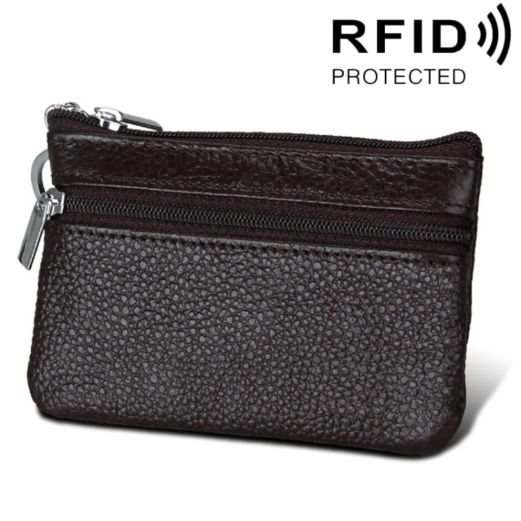 Cowhide Leather Zipper Solid Color Horizontal Card Holder Wallet RFID Blocking Coin Purse Card Bag Protect Case, Size: 11.4*7.4cm