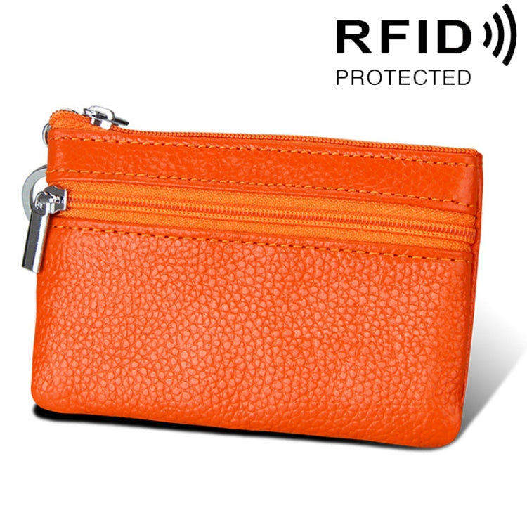 Cowhide Leather Zipper Solid Color Horizontal Card Holder Wallet RFID Blocking Coin Purse Card Bag Protect Case, Size: 11.4*7.4cm