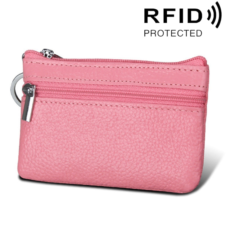 Cowhide Leather Zipper Solid Color Horizontal Card Holder Wallet RFID Blocking Coin Purse Card Bag Protect Case, Size: 11.4*7.4cm