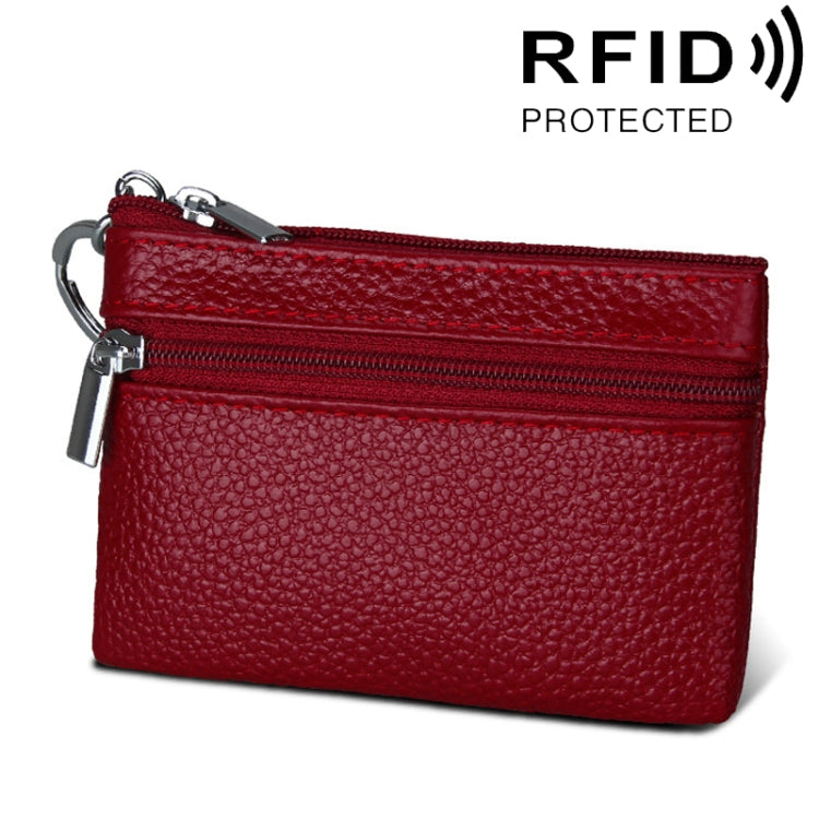 Cowhide Leather Zipper Solid Color Horizontal Card Holder Wallet RFID Blocking Coin Purse Card Bag Protect Case, Size: 11.4*7.4cm