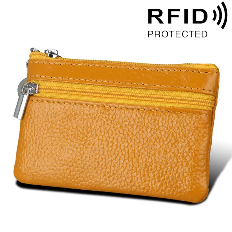 Cowhide Leather Zipper Solid Color Horizontal Card Holder Wallet RFID Blocking Coin Purse Card Bag Protect Case, Size: 11.4*7.4cm