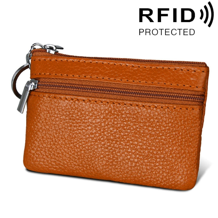Cowhide Leather Zipper Solid Color Horizontal Card Holder Wallet RFID Blocking Coin Purse Card Bag Protect Case, Size: 11.4*7.4cm