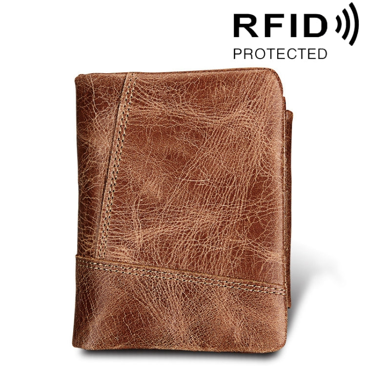 Genuine Cowhide Leather Crazy Horse Texture Zipper 3-folding Short Style Card Holder Wallet RFID Blocking Coin Purse Card Bag Protect Case for Men, Size: 12*9.5*4cm(Taupe)