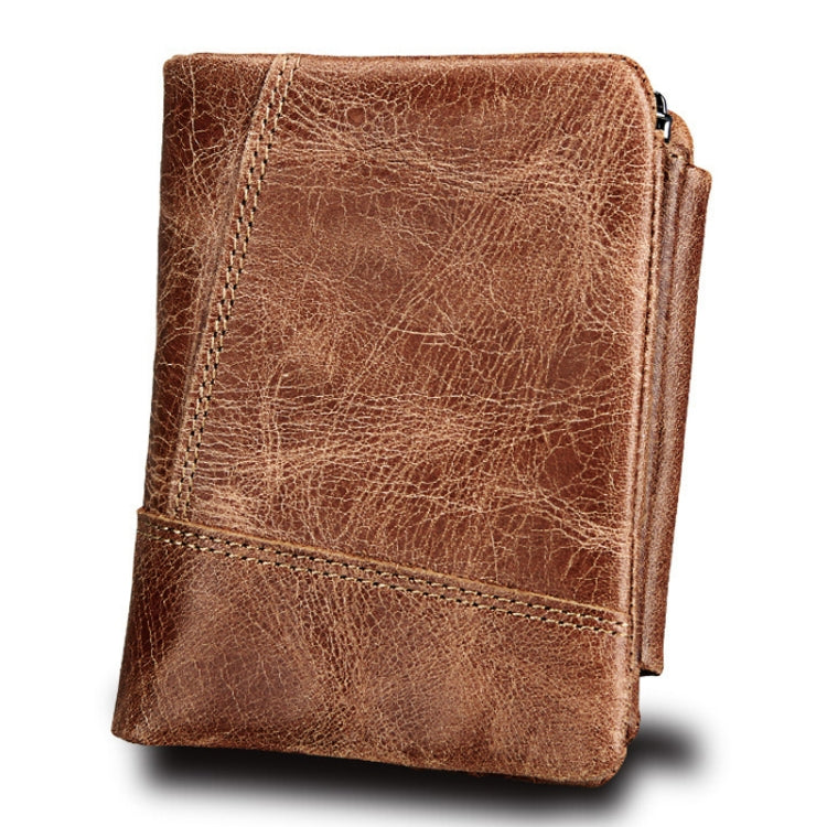 Genuine Cowhide Leather Crazy Horse Texture Zipper 3-folding Short Style Card Holder Wallet RFID Blocking Coin Purse Card Bag Protect Case for Men, Size: 12*9.5*4cm(Taupe)