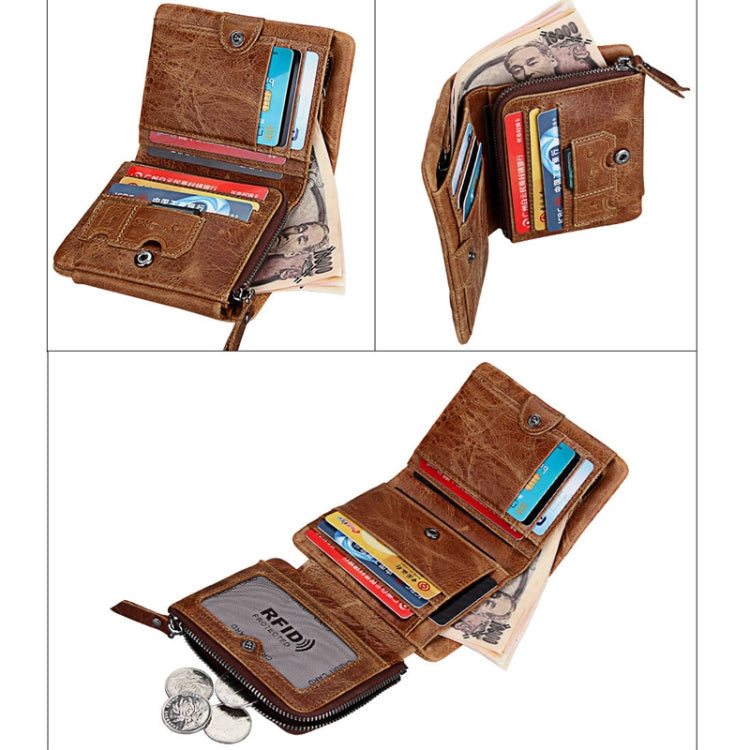 Genuine Cowhide Leather Crazy Horse Texture Zipper 3-folding Short Style Card Holder Wallet RFID Blocking Coin Purse Card Bag Protect Case for Men, Size: 12*9.5*4cm(Taupe)