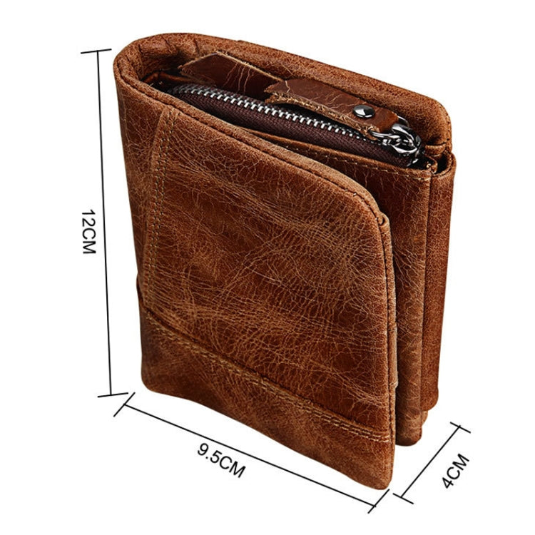 Genuine Cowhide Leather Crazy Horse Texture Zipper 3-folding Short Style Card Holder Wallet RFID Blocking Coin Purse Card Bag Protect Case for Men, Size: 12*9.5*4cm(Taupe)