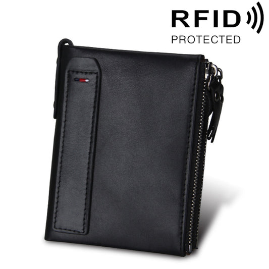Genuine Cowhide Leather Crazy Horse Texture Dual Zipper Short Style Card Holder Wallet RFID Blocking Card Bag Protect Case for Men, Size: 12.1*9.4*2.7cm