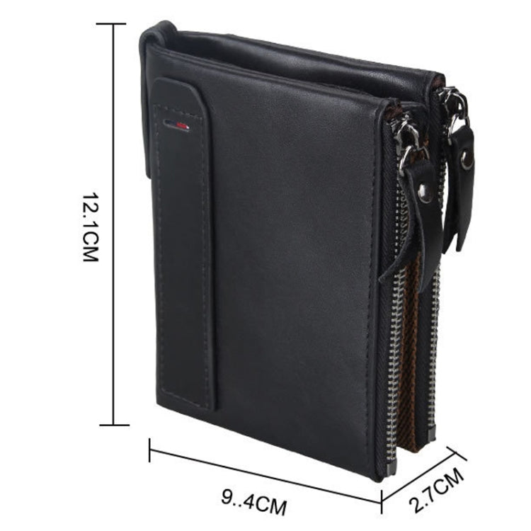 Genuine Cowhide Leather Crazy Horse Texture Dual Zipper Short Style Card Holder Wallet RFID Blocking Card Bag Protect Case for Men, Size: 12.1*9.4*2.7cm