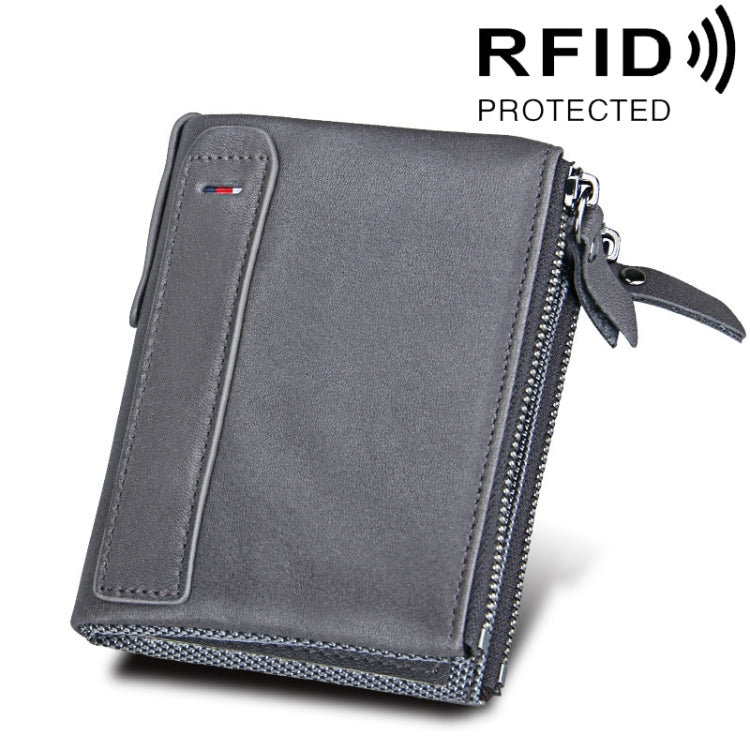Genuine Cowhide Leather Crazy Horse Texture Dual Zipper Short Style Card Holder Wallet RFID Blocking Card Bag Protect Case for Men, Size: 12.1*9.4*2.7cm