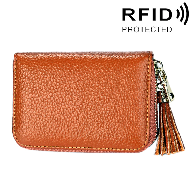 Genuine Cowhide Leather Solid Color Zipper Card Holder Wallet RFID Blocking Card Bag Protect Case Coin Purse with Tassel Pendant & 15 Card Slots for Women, Size: 11.1*7.6*3.5cm