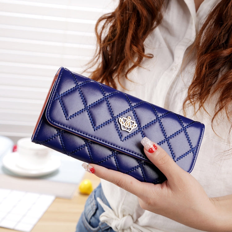 Fashion Argyles Texture Metal Crown 3-Folding Long Design PU Leather Wallet Coin Purse for Women
