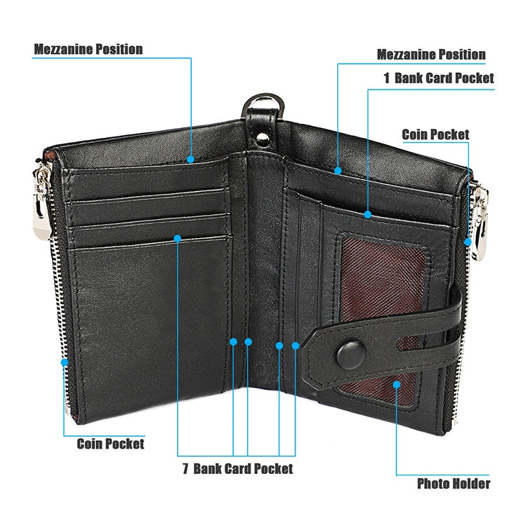 3529 Retro Crazy Horse Texture Double Zipper Anti-magnetic RFID Wallet for Man with Card Slots