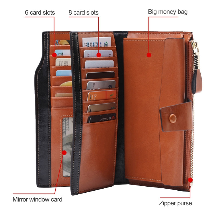 8236 Antimagnetic RFID Multi-function Oil Wax Leather Lady Wallet Large-capacity Purse