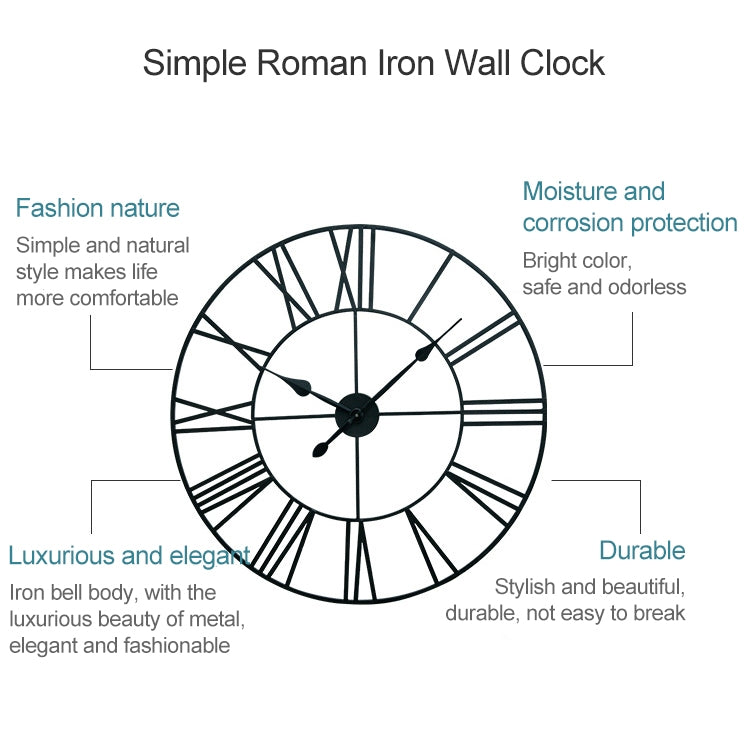60cm Retro Living Room Iron Round Roman Numeral Mute Decorative Wall Clock