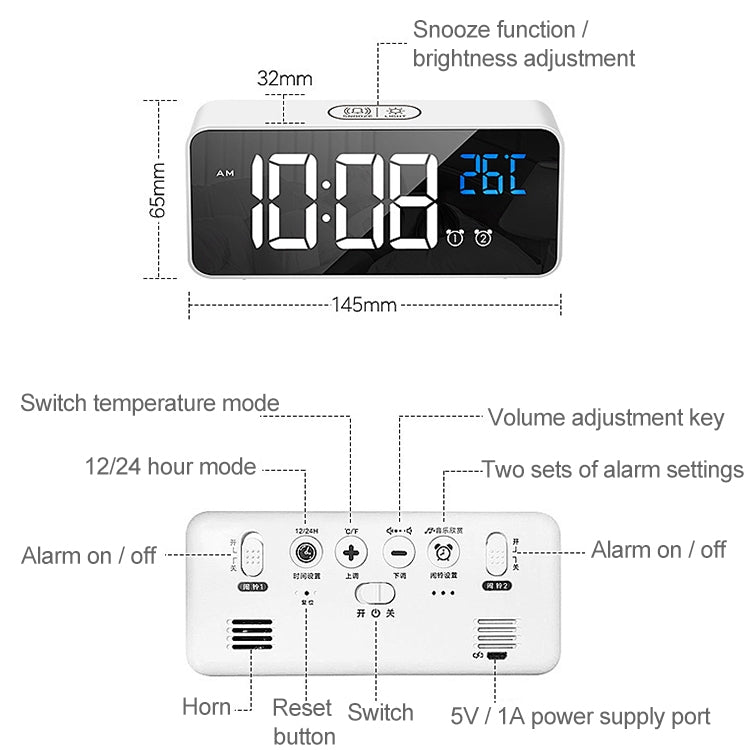Bedside Alarm Clock Sound Control Mirror LED Music Clock