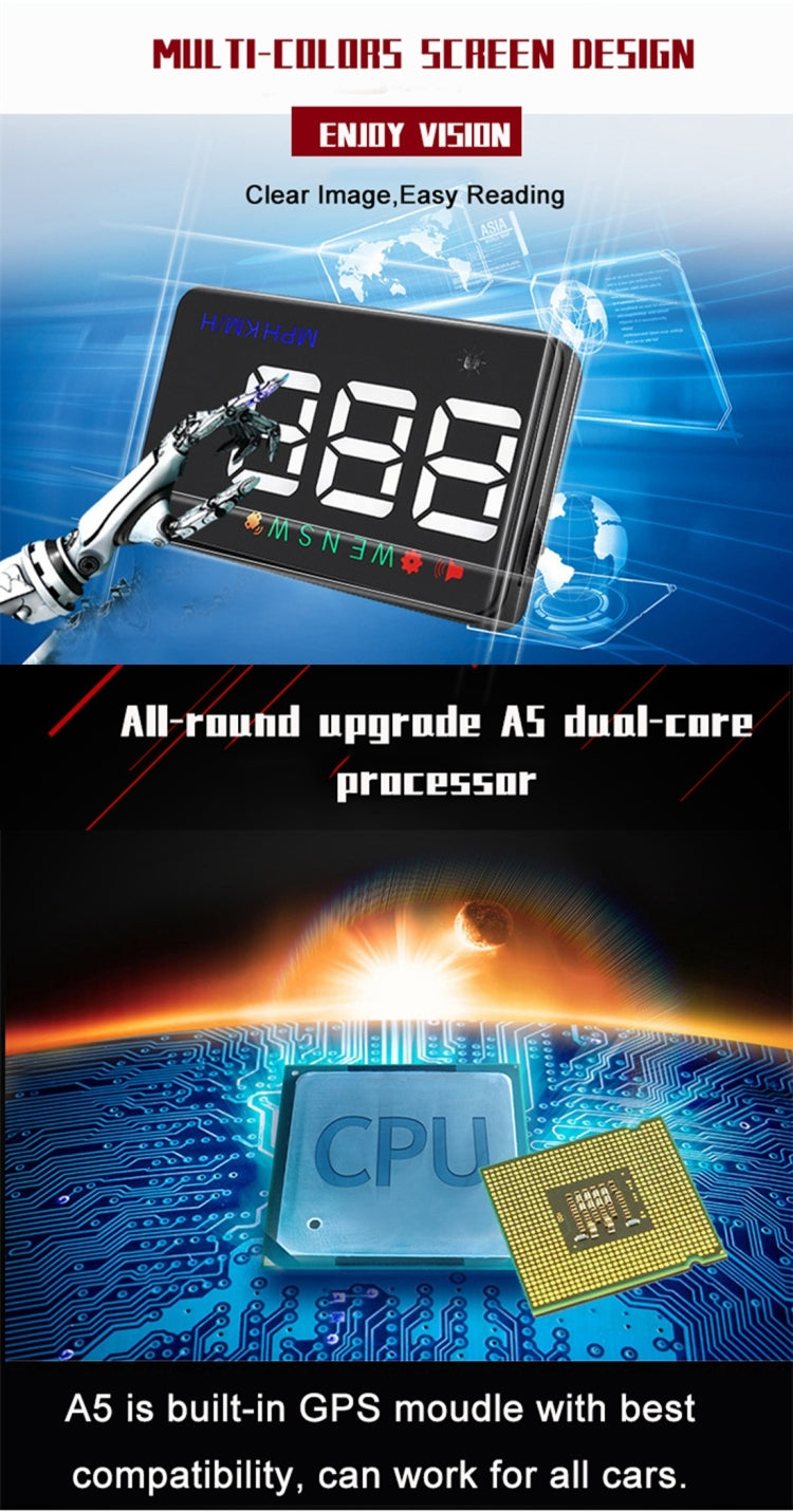 Geyiren A5 HUD 3.5 inch Car Head Up Display with GPS System, Two Mode Display, Light Sensors, KM/h MPH Speed, Compass, Speed Alarm