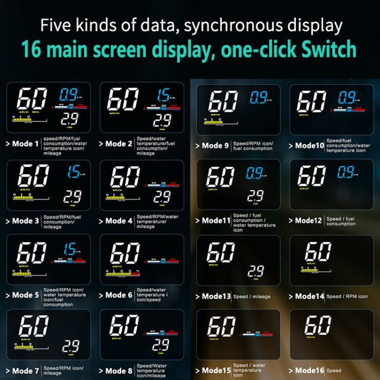 D5000 OBD2 5 inch Vehicle-mounted Head Up Display Security System, Support Car Speed / Engine Revolving Speed Display / Water Temperature / Battery Voltage / Detection and Elimination Fault Code