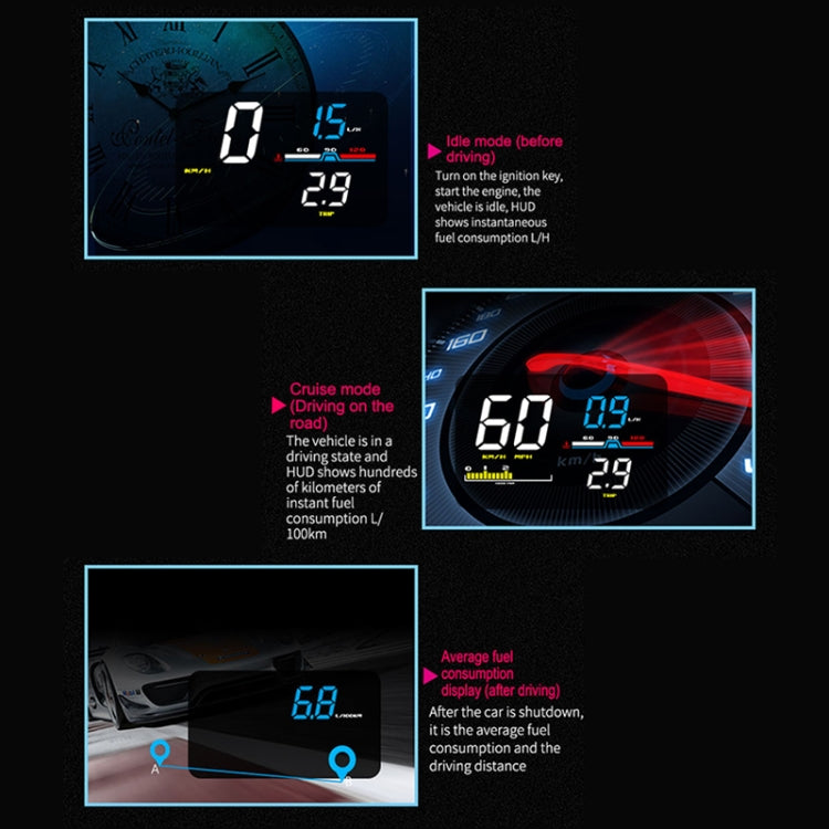 D5000 OBD2 5 inch Vehicle-mounted Head Up Display Security System, Support Car Speed / Engine Revolving Speed Display / Water Temperature / Battery Voltage / Detection and Elimination Fault Code