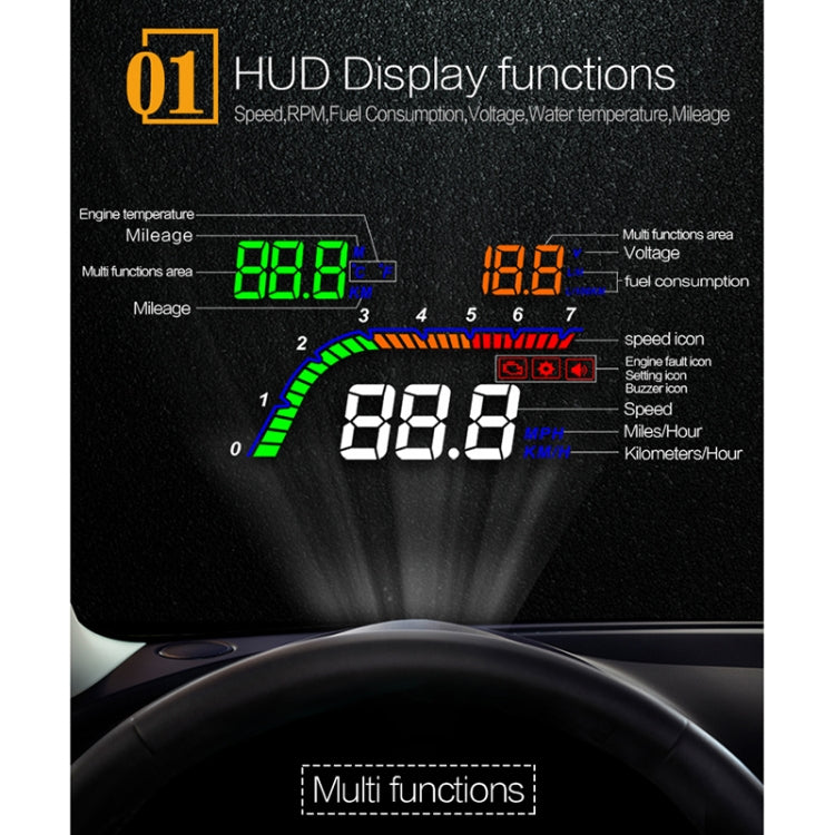 T100 OBD2 4 inch Vehicle-mounted Head Up Display Security System, Support Car Speed / Engine Revolving Speed Display / Instantaneous Fuel Consumption / Detection and Elimination Fault Code