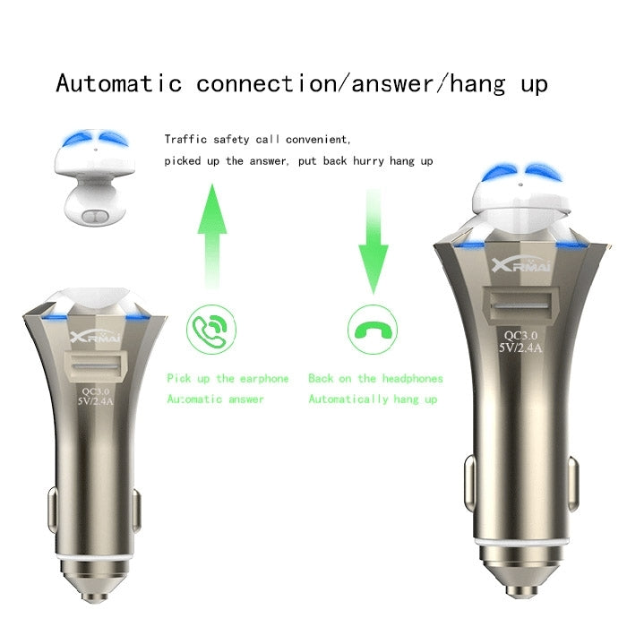 A8 3 in 1 Bluetooth Earphone & Safety Hammer & Car Charger, Support Hands-free Call & USB Quick Charger Function